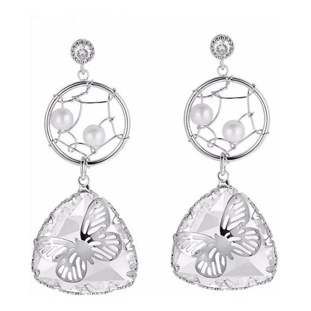 Aretes Cristal Y Perlas Mariposa Oro 14k Laminado blanco Unitalla