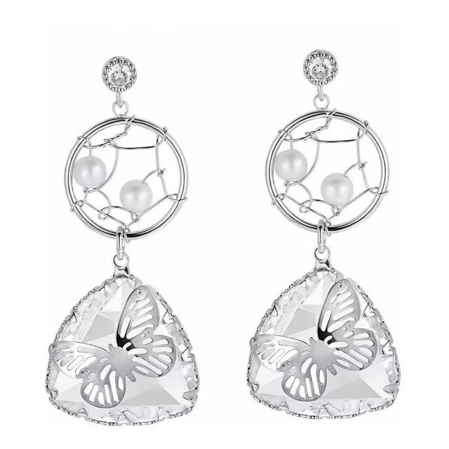 Aretes Cristal Y Perlas Mariposa Oro 14k Laminado blanco Unitalla