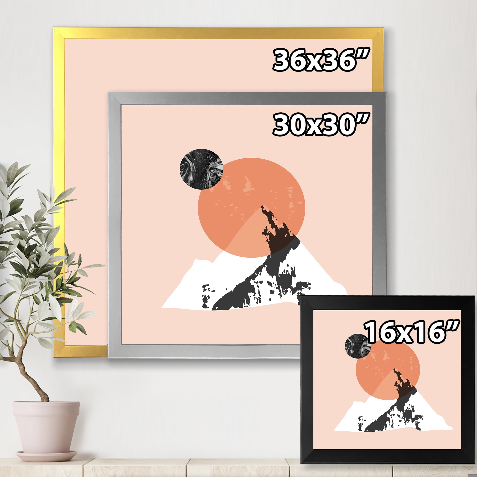 Designart 'Modern Minimalist Mountain Moon and Sun' Modern Framed Art Print