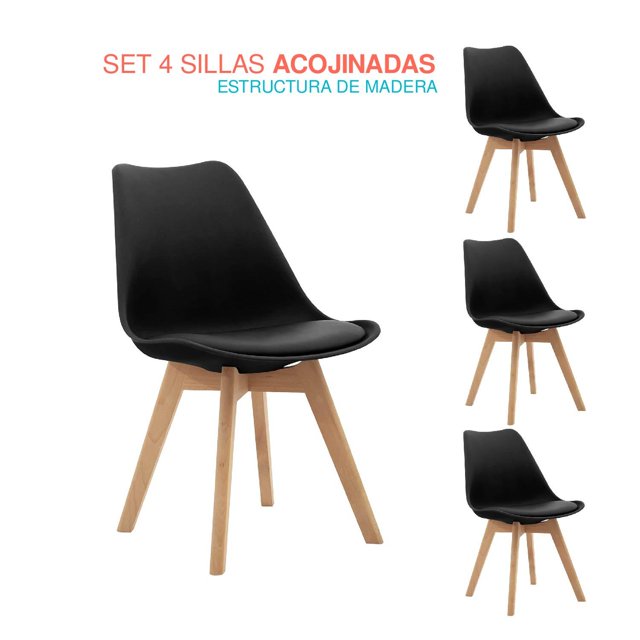 set 4 sillas acojinadas negro l Conjunto de cuatro sillas negras estilo nórdico; asiento acolchado tapizado en polipiel negra y respaldo ergonómico con ligera curvatura, patas y estructura en madera clara con soporte de cuatro puntos, medidas 48 x 48 x 80 cm, capacidad 120 kg. Adecuadas para comedor, cocina u oficina; a menudo usadas como sillas de estudio.