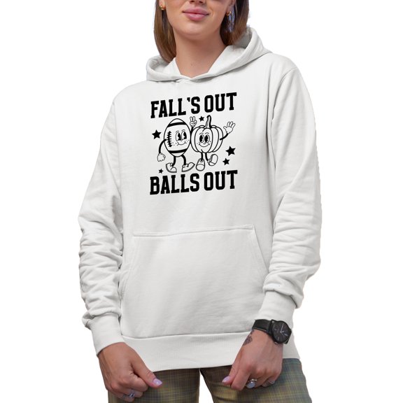 Fall's Out Balls Out, Retro Football & Pumpkin Art, Fall Merch Gift, White Hooded Sweatshirt or Hoodie, Small