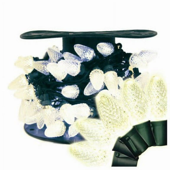 100 Commercial Length Warm White LED C7 Faceted Christmas Lights - Green Wire