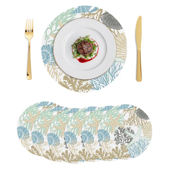 Round Placemats Ocean Coastal 15 inch Set of 6 Table Mats for Dining Table Beach Blue Shells Green Starfish Conch Corals Heat Resistant Non-Slip Kitchen & Home Decorative Place Mat Set