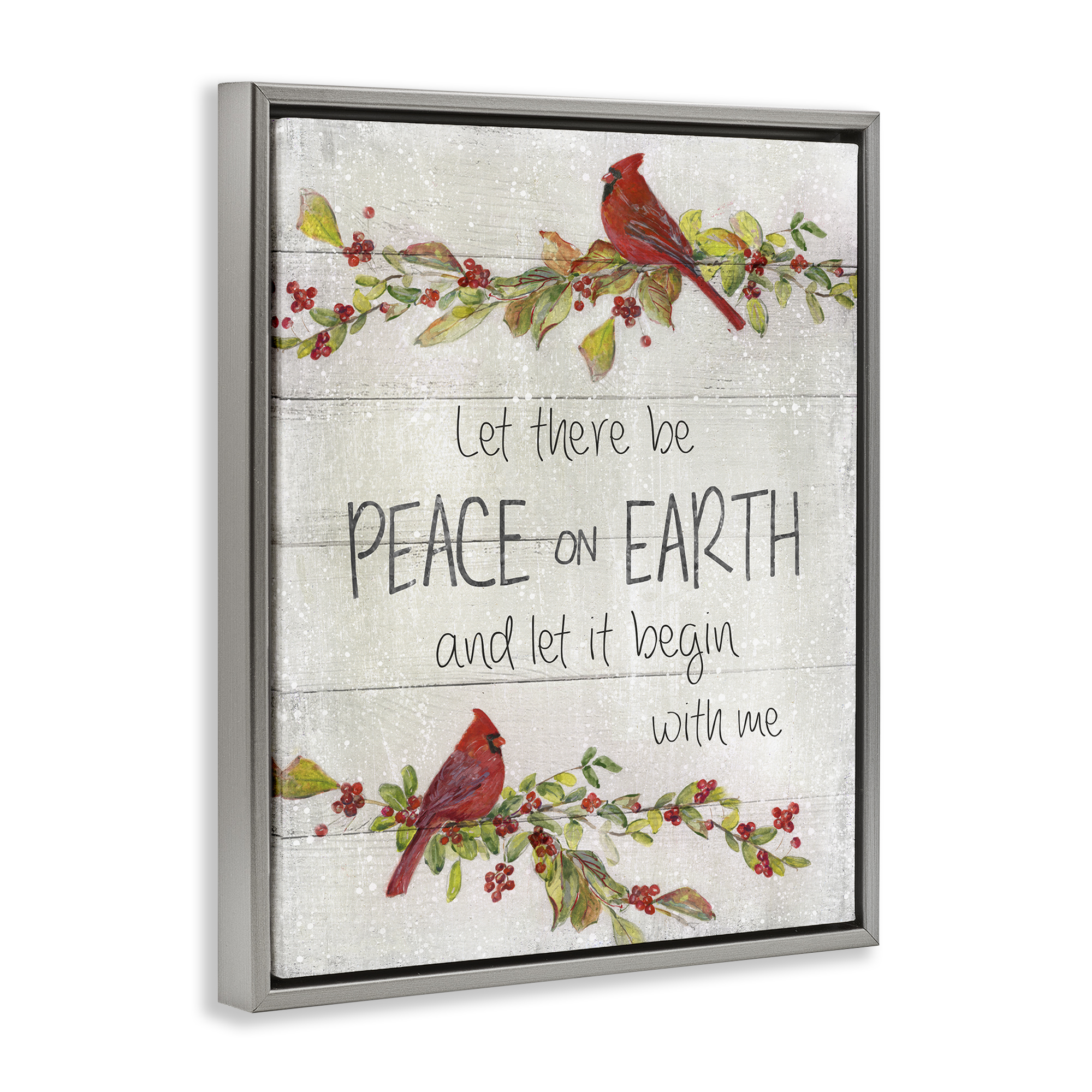 Stupell Industries Peace On Earth With Me Holiday Painting Gray Floater Framed Canvas Art Prints Wall Art, 17 x 21