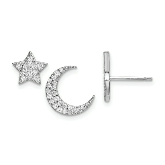 Primal Silver Sterling Silver Rhodium-plated Cubic Zirconia Star and Moon Post Earrings