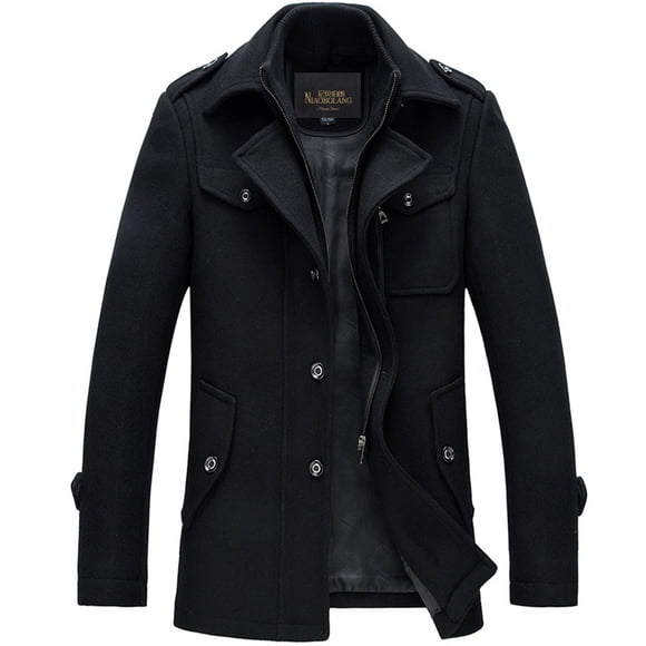 Chouyatou Men's Stand Collar Wool-Blend Classic Pea Coat with Removable Inner Collar (X-Large, H36-Black)