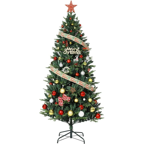 Senfot 6FT Pre-Lit Christmas Tree with 400 LED Lights, PE & PVC Hinged Xmas Tree with Metal Stand, Easy Assembly, Perfect Christmas Decoration for Home, Office, Porch