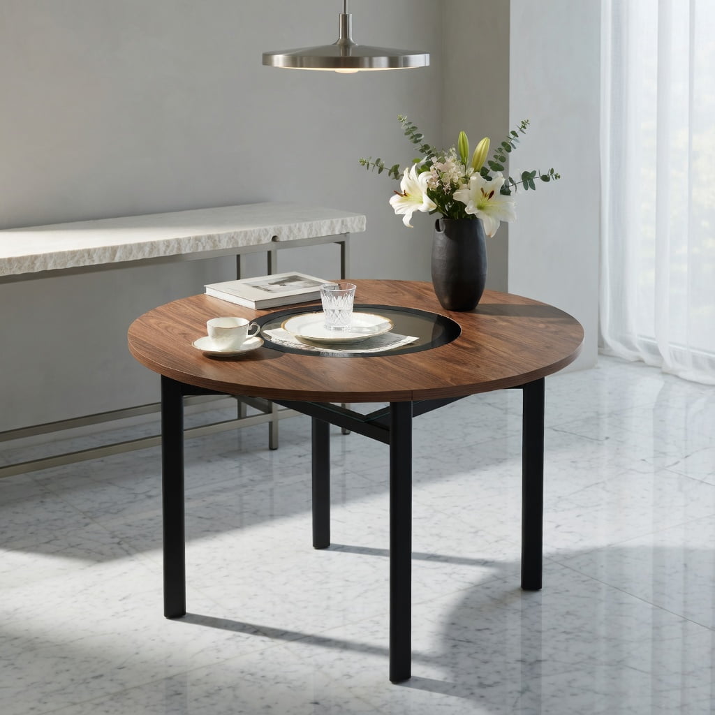 Hommoo 42 Inch Round Dining Table, Modern Minimalist Brown Wood Grain Top with Teal-Tinted Glass Inlay, Black Metal Base & Lower Glass Shelf for 4-6 People, Walnut & Black
