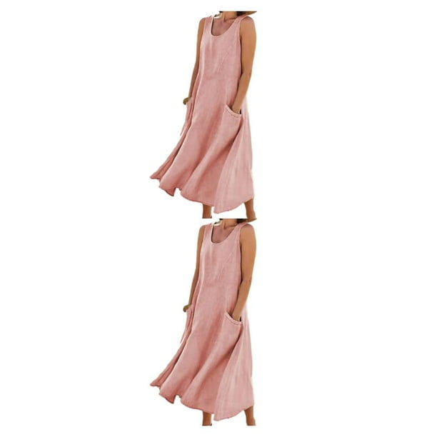 Minnieouse vestido de verano de las mujeres sin mangas cuello boho mil-becerro playa color liso kaftan con bolsillos vacaciones de viaje Rosa/L 2piezas