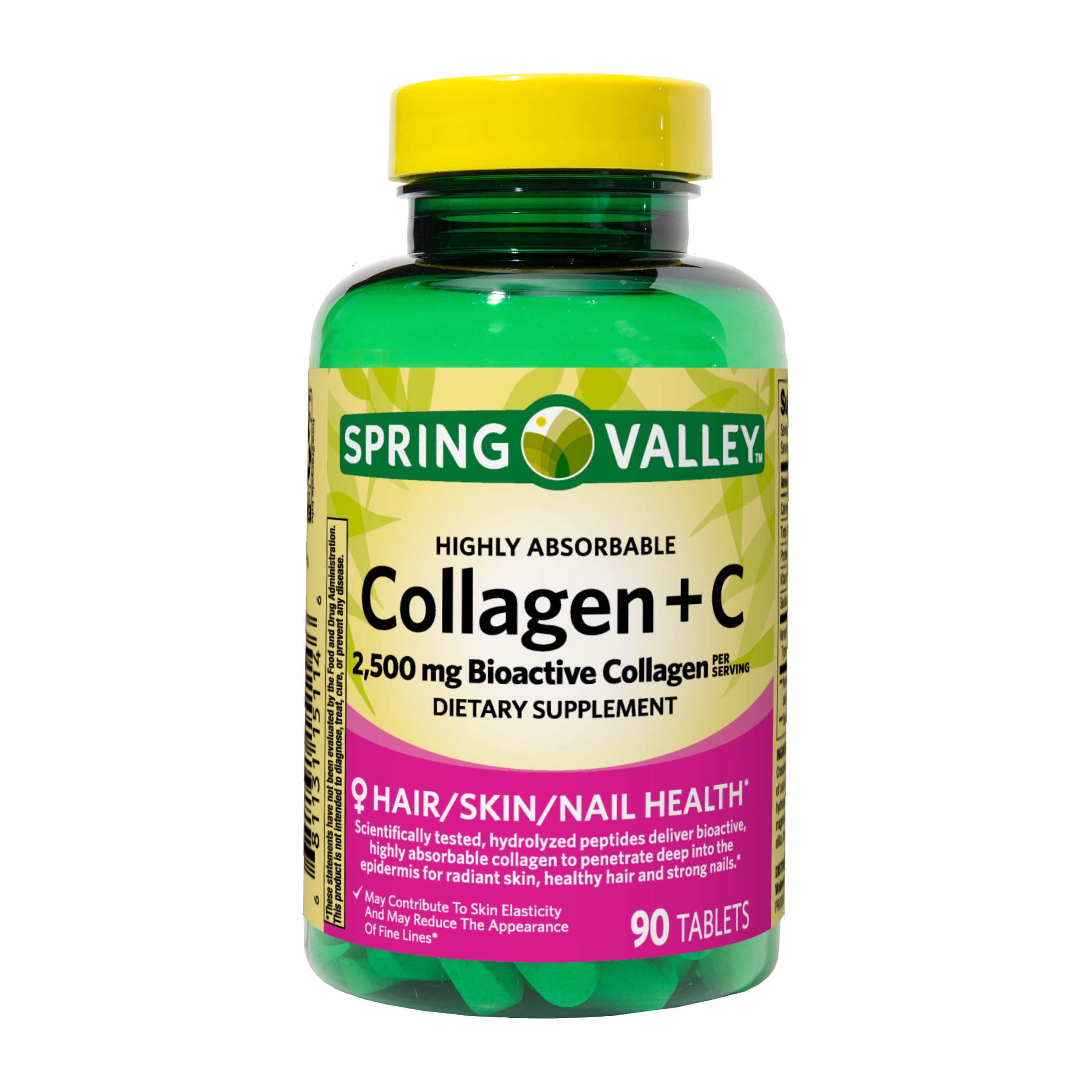 Spring Valley Highly Absorbable Collagen + C Tablets Dietary Supplement, 2,500 mg, 90 Count