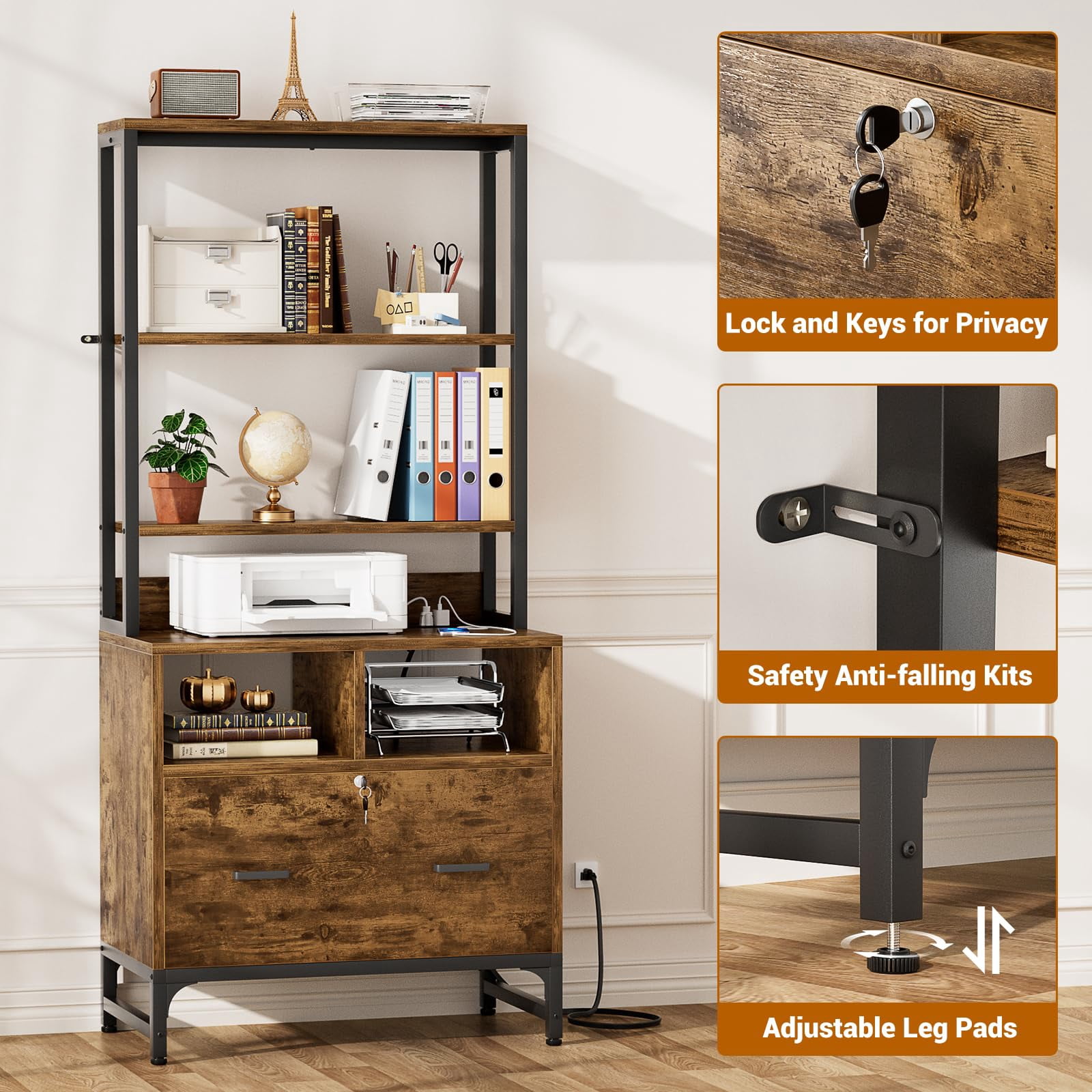 Homieasy Vertical File Cabinet with Charging Station, Lock & Large Drawer - Fits Letter/A4/Legal Files, Printer Stand & Shelves for Home Office,Rustic Brown