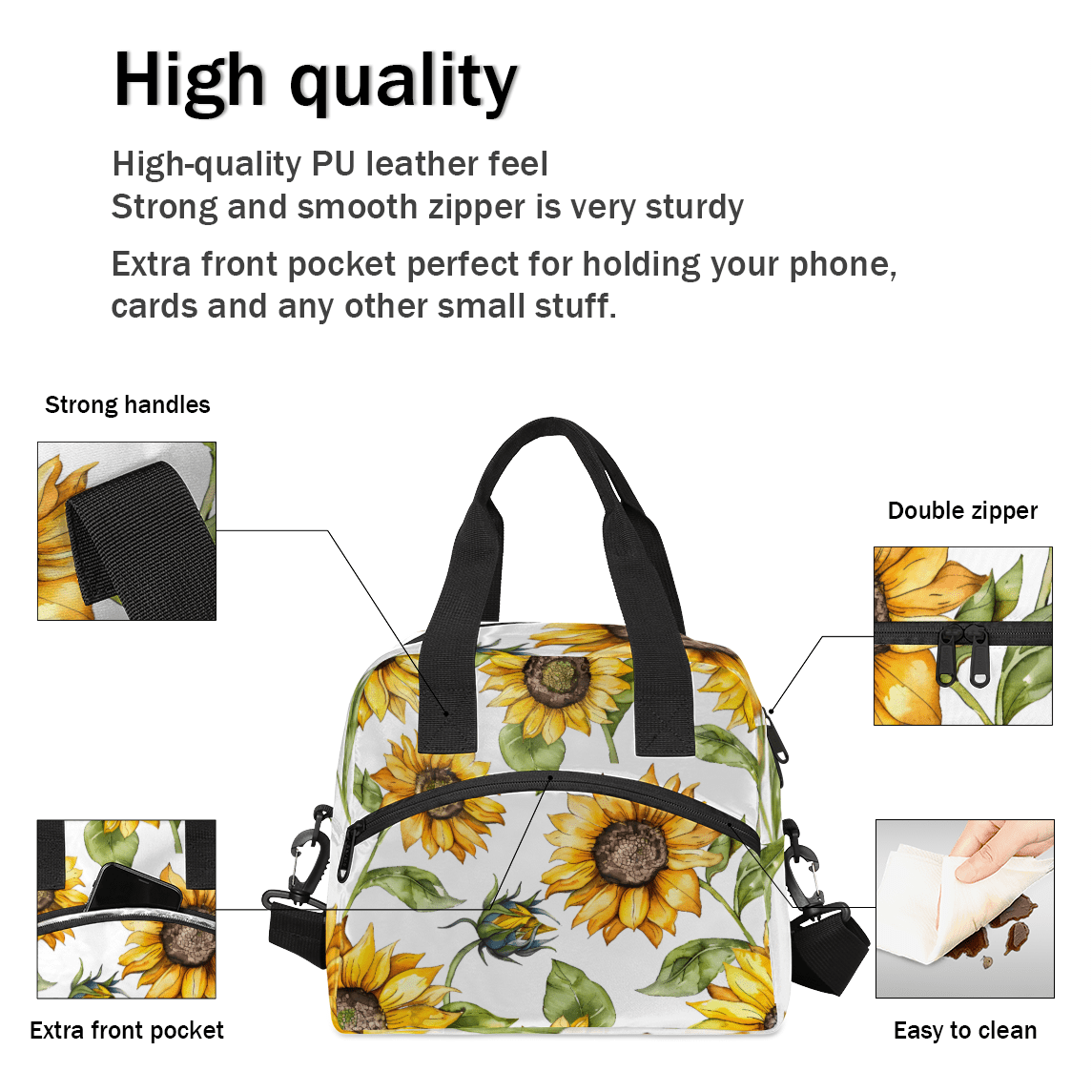 Herdesigns Sunflower Farmhouse Floral Insulated Lunch Bag for Women Men Adults Large Reusable Lunch Box Leakproof Portable Cooler Tote Bags with Adjustable Shoulder Strap