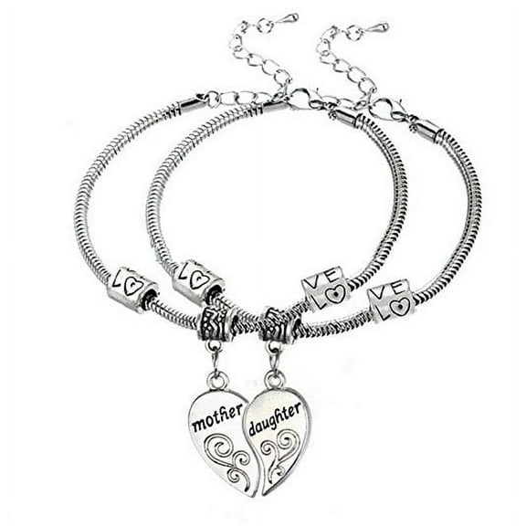 KEVCHE Mother Daughter Heart Adjustable Bracelet, 6-8 inches, 2-Piece
