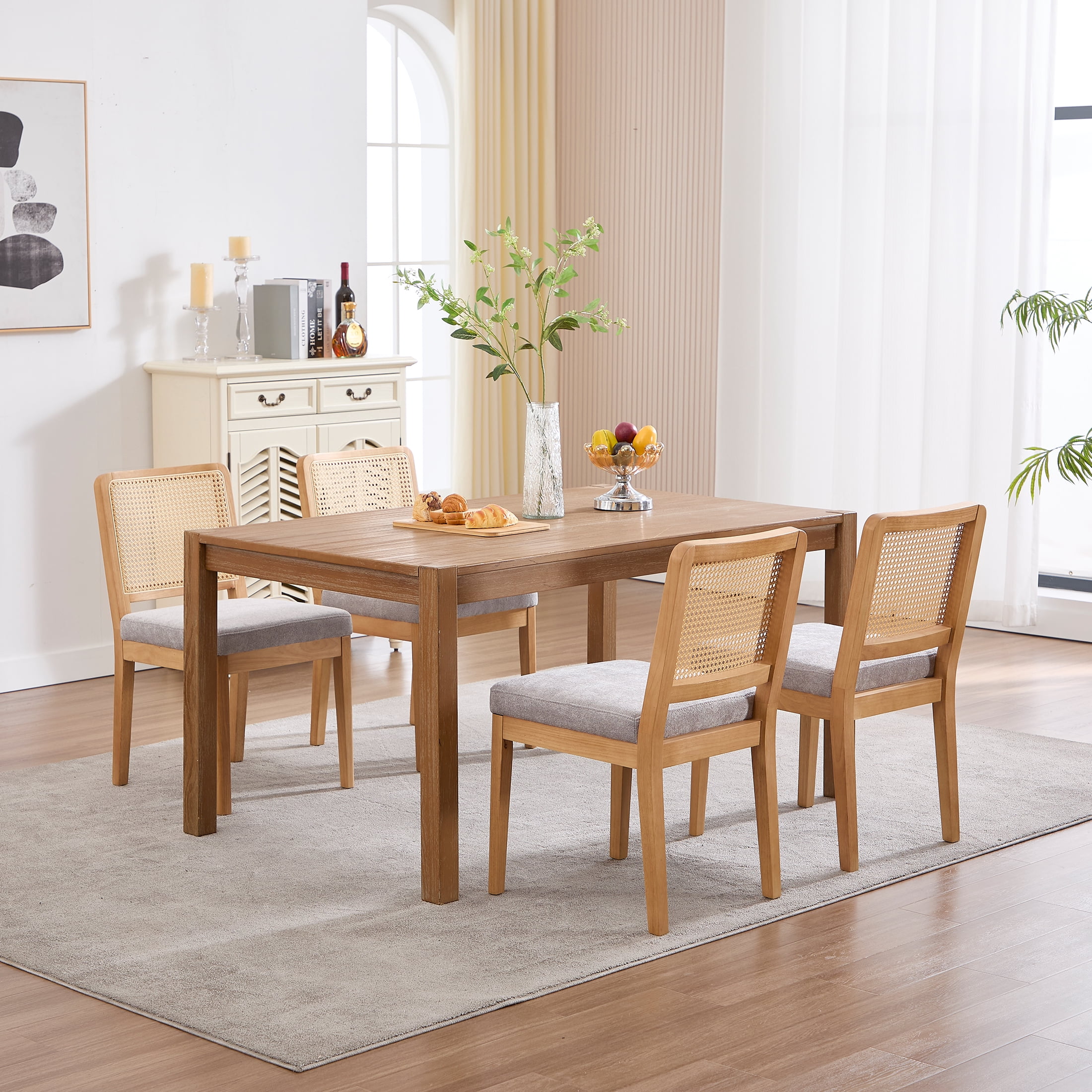 Guyou Farmhouse Rattan Dining Chairs Set of 4, Modern Wooden Kitchen Chairs with Cane Back, Chenille Upholstered Dining Room Chairs, Boho Wicker Woven Dining Side Chairs for Dining Room, Grey