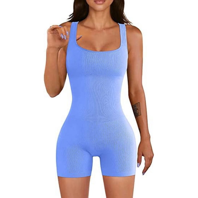 Women Yoga Romper Workout Ribbed Square Neck Sleeveless Sport Romper one Piece Short Jumpsuit