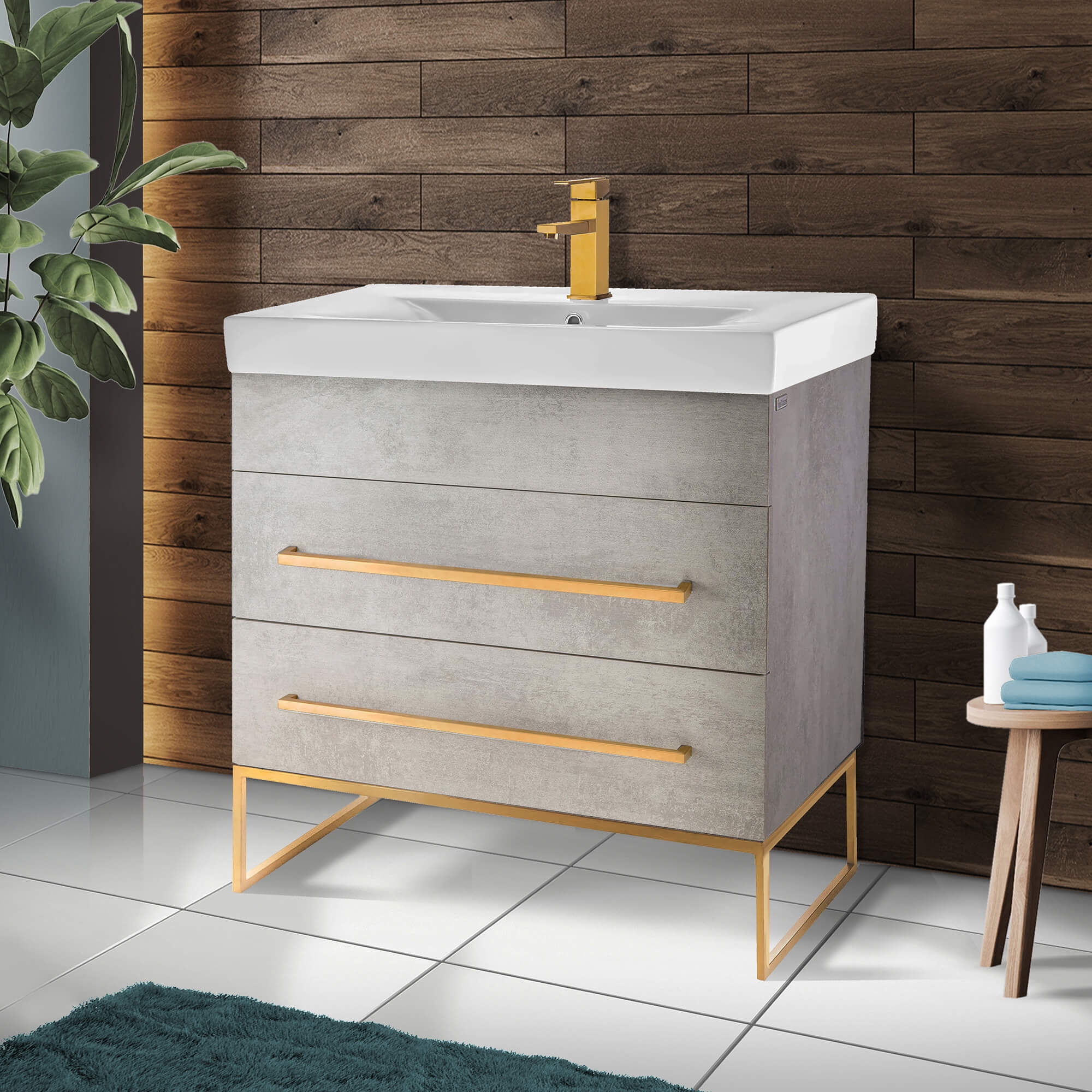 Modern Grey Marble 36" Bathroom Vanity with Satin Brass Hardware