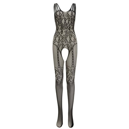Tao Tao Underwear Lace Bodystocking - Basque & Fishnet All In One Womens Chemise Set - Crotchless Bodystocking Mesh Bodysuit Babydoll black Free Size