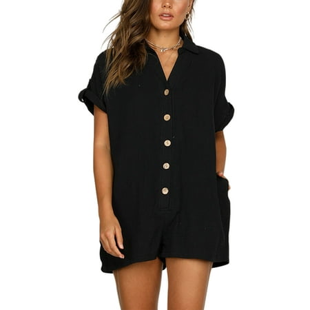 

Niuer Women One Piece Short Jumpsuit Rompers Summer Rolled Up Short Sleeve Bodysuit Casual Button Down Playsuit