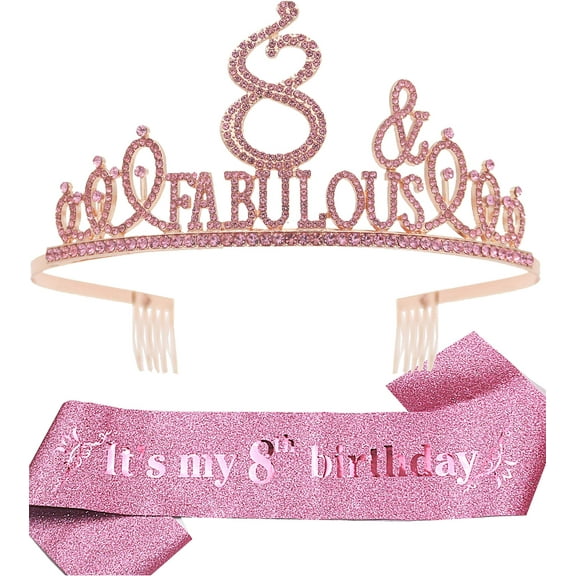 8th Birthday Sash and Tiara for Girls - Fabulous Glitter Sash   Fabulous Rhinestone Pink Premium Metal Tiara for Girls, 8th Birthday Gifts for Princess Party