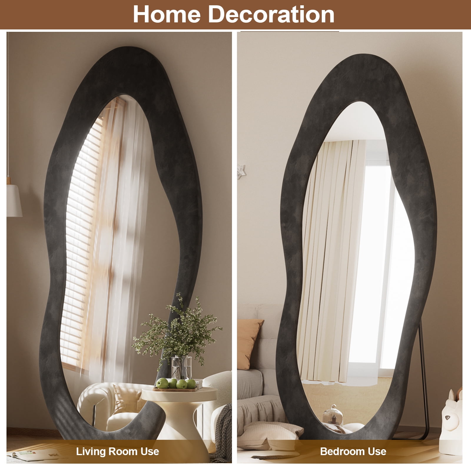 Gleamira 71"x30" Full Length Mirror Irregular Floor Mirror Flannel Wrapped Wooden Frame Hanging Leaning Mirror,Black