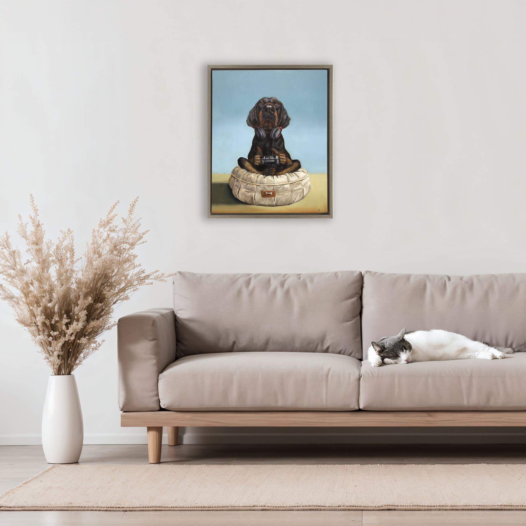 Stupell Industries Game Boy Playing Dog Brown Framed Floater Canvas Wall Art, design by Lucia Heffernan