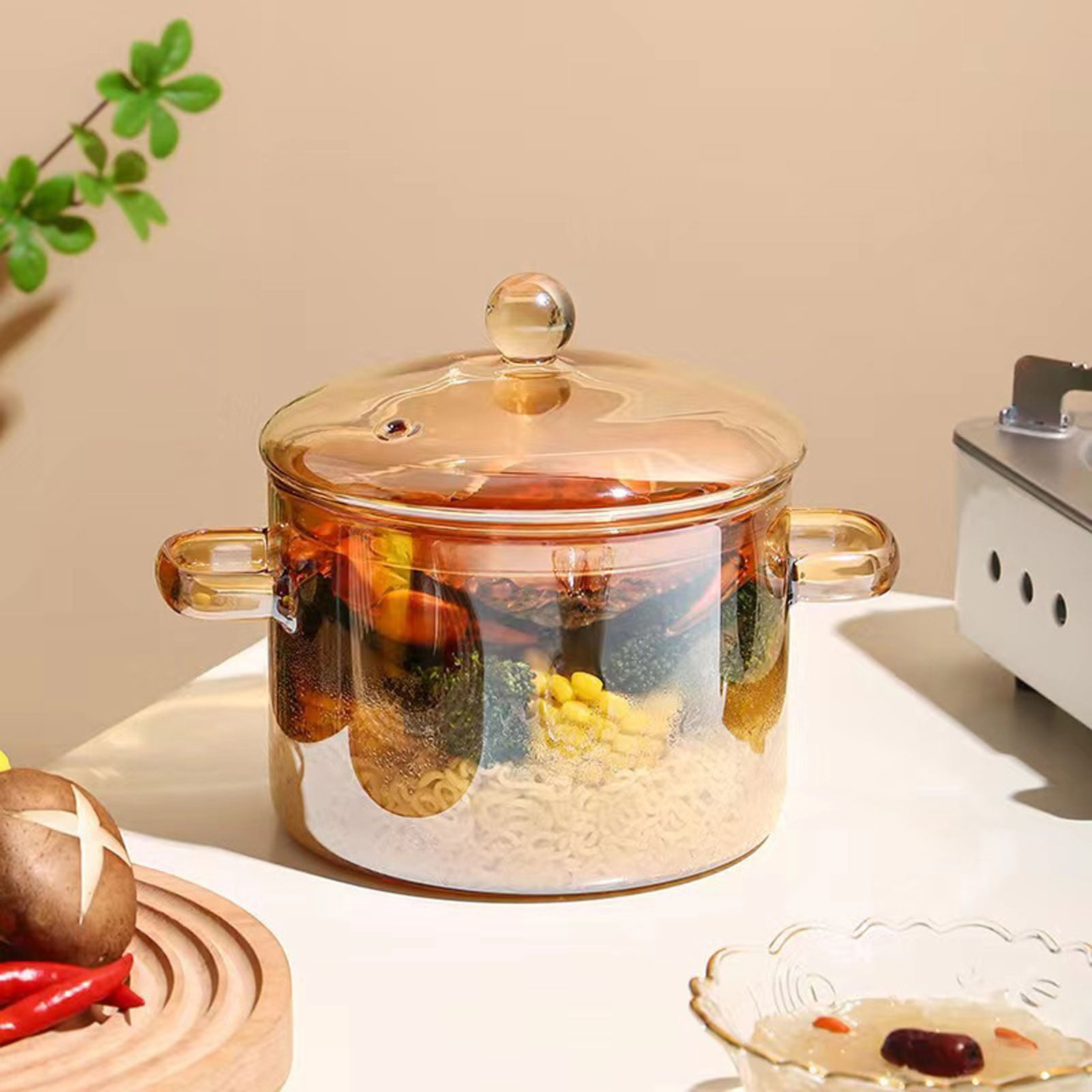 Amber Glass Cooking Pot Modern Glass Pot with Lid and Grip Stockpot Saucepans Glass Pot for Soup Vegetables Fruit Salad Instant Noodle [Energy Class A]