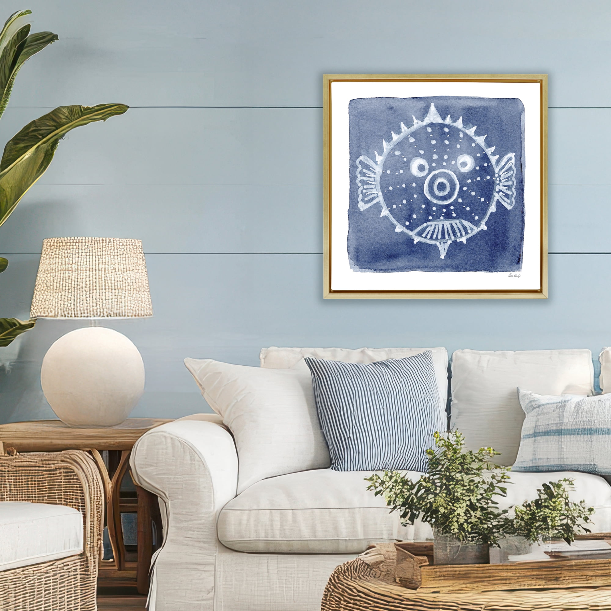 Stupell Industries White Blow Fish on Indigo Gold Framed Floater Canvas Wall Art, design by Patti Bishop