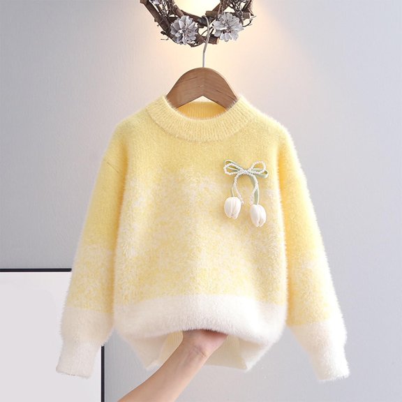 BRGZLK Girls Sweaters Tulip Decorated Round Neck Long Sleeved Sweater Base Layer Casual and Comfortable Knitted Top Round Neck Sweater Yellow 7-8 Years