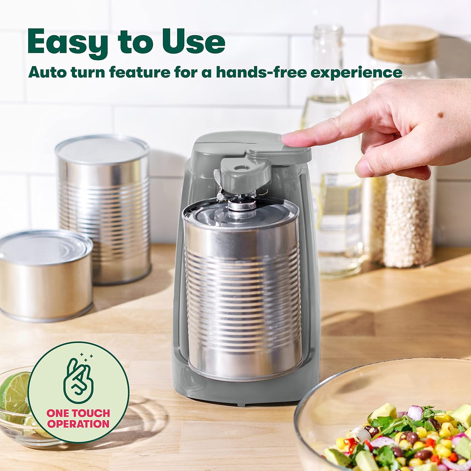 Electric Can Opener and Knife Sharpener, Multifunctional Jar and Bottle Opener with Removable Cutting Lever and Cord Storage, Stainless Steel Blade, Sage