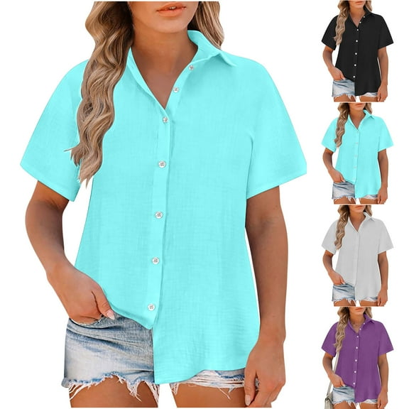 Saving Clearance! Ahuyic Women's Loose Plus Size Short-Sleeved Top,Summer Casual Daily Clothes For Women,Women's Fashion Solid Button Shirt Female-Neck Loose T-shirt Blouse