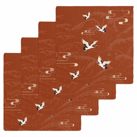 Japanese Style Kitchen Dish Towels for Drying Dishes Set of 4, Vintage Art Cranes Ocean Wave Red Waffle Weave Microfiber Hand Tea Bathroom Towels Quick Dry & Absorbent Towel 12x12
