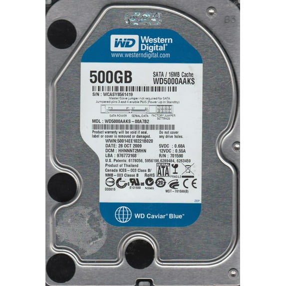 WD5000AAKS-00A7B2, DCM HHNNNT2MHN, Western Digital 500GB SATA 3.5 Hard Drive