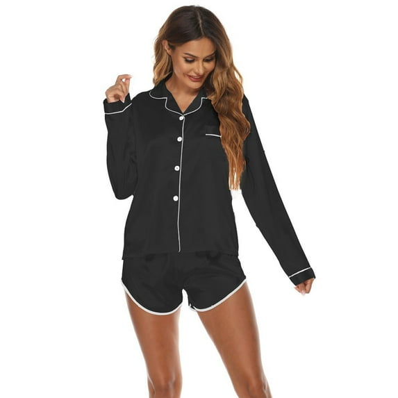 Monfince Womens Silk Satin Pajamas Set Two-piece Pj Sets Sleepwear Loungewear Button-Down Pj Sets, Black, L