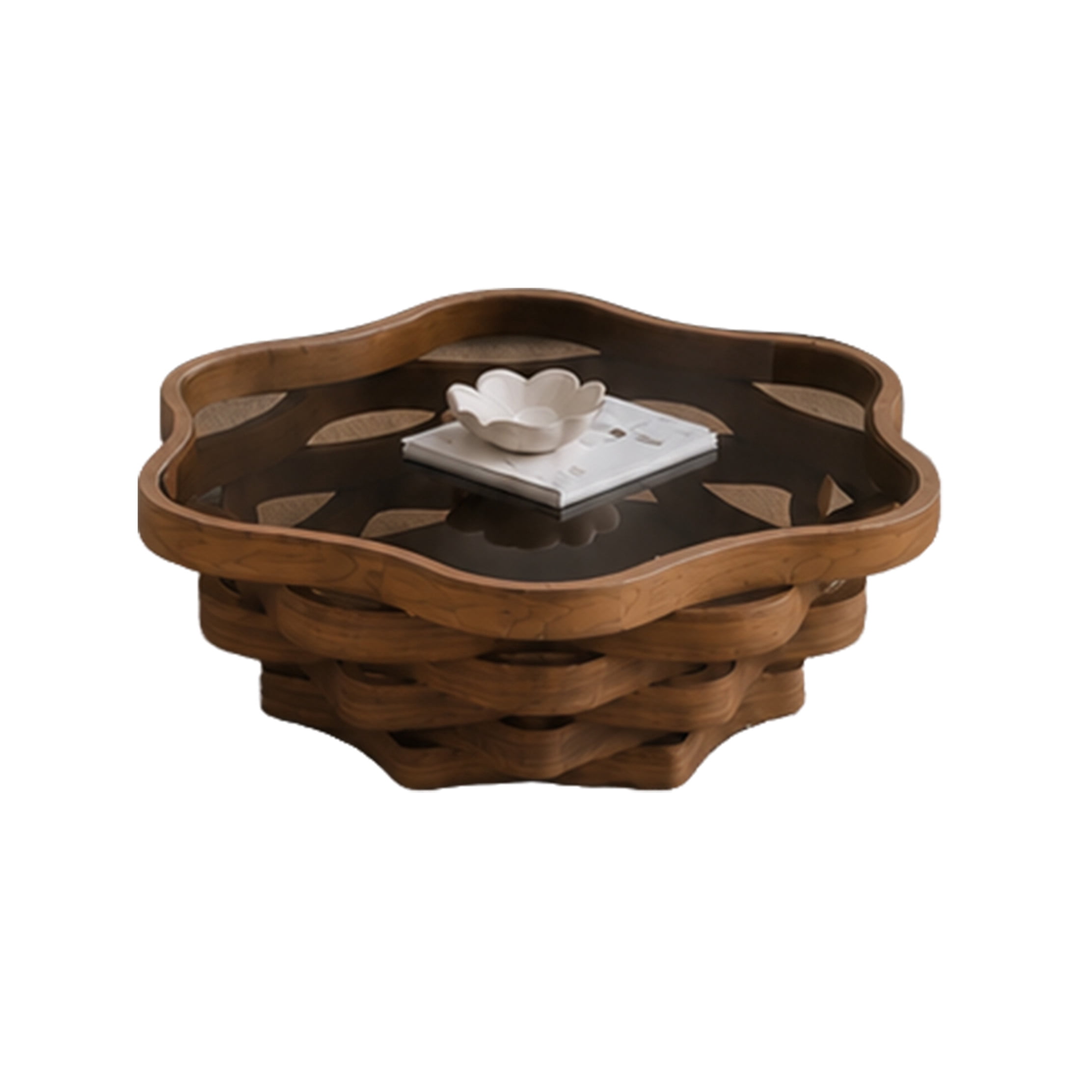 Noble House Derwin 35.83" Irregular Cloud-Shaped Coffee Table with Tempered Glass Top & Artistic Wave MDF Base, Walnut