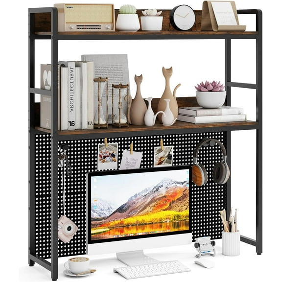GOFLAME Desktop Bookshelf with Pegboard, 37 Inch  Desk Hutch for Computer Monitor, 2-Tier Countertop Organizer Shelf with Safety Guardrails for Home Office, Dorm, Study, Rustic Brown