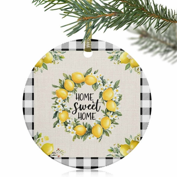 Summer Lemon Floral on Linen Christmas Ceramic Ornament 2025,3" Round Xmas Tree Hanging Accessories with Gold Ribbon