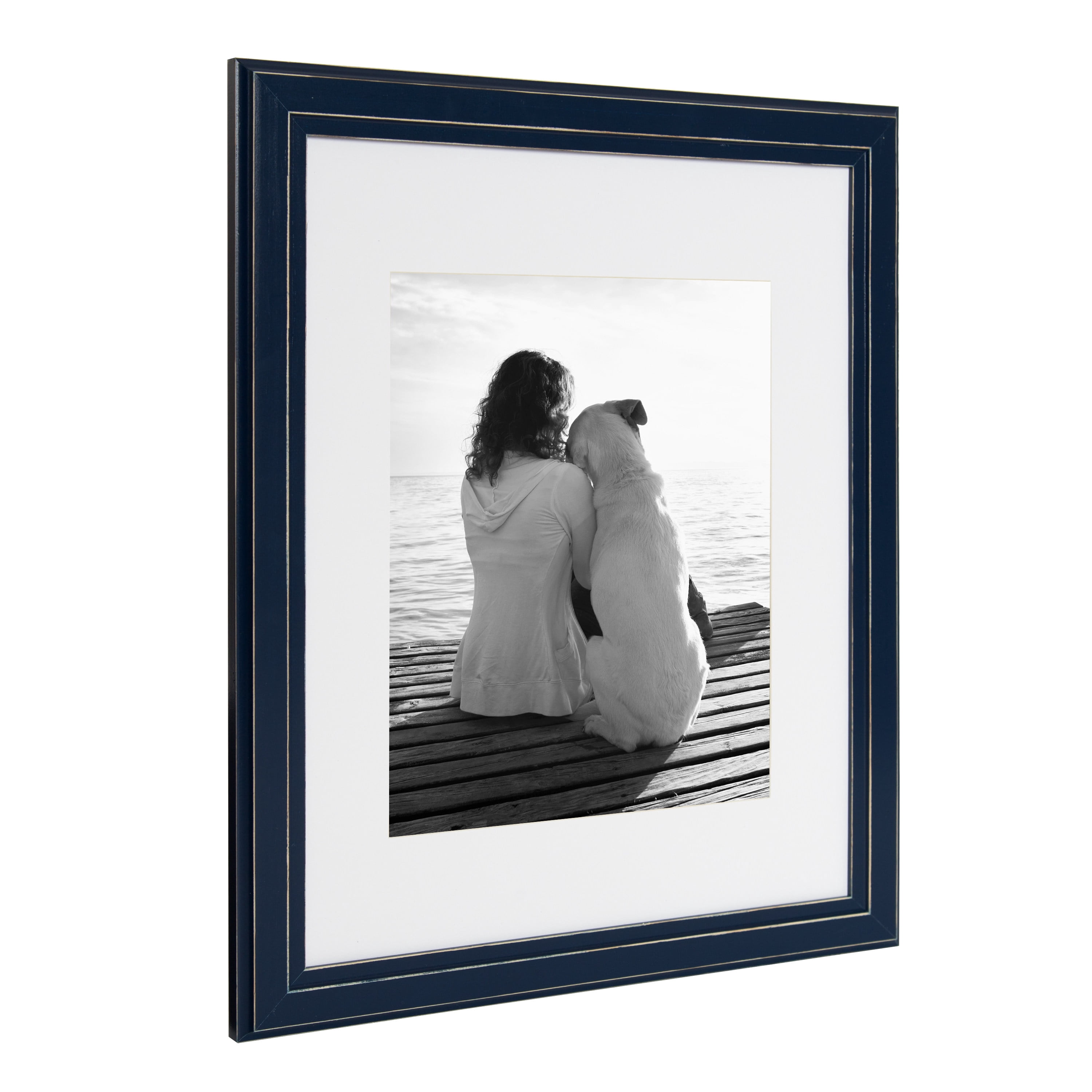 DesignOvation Kieva Solid Wood Picture Frames, Distressed Navy Blue 11x14 matted to 8x10, Pack of 4