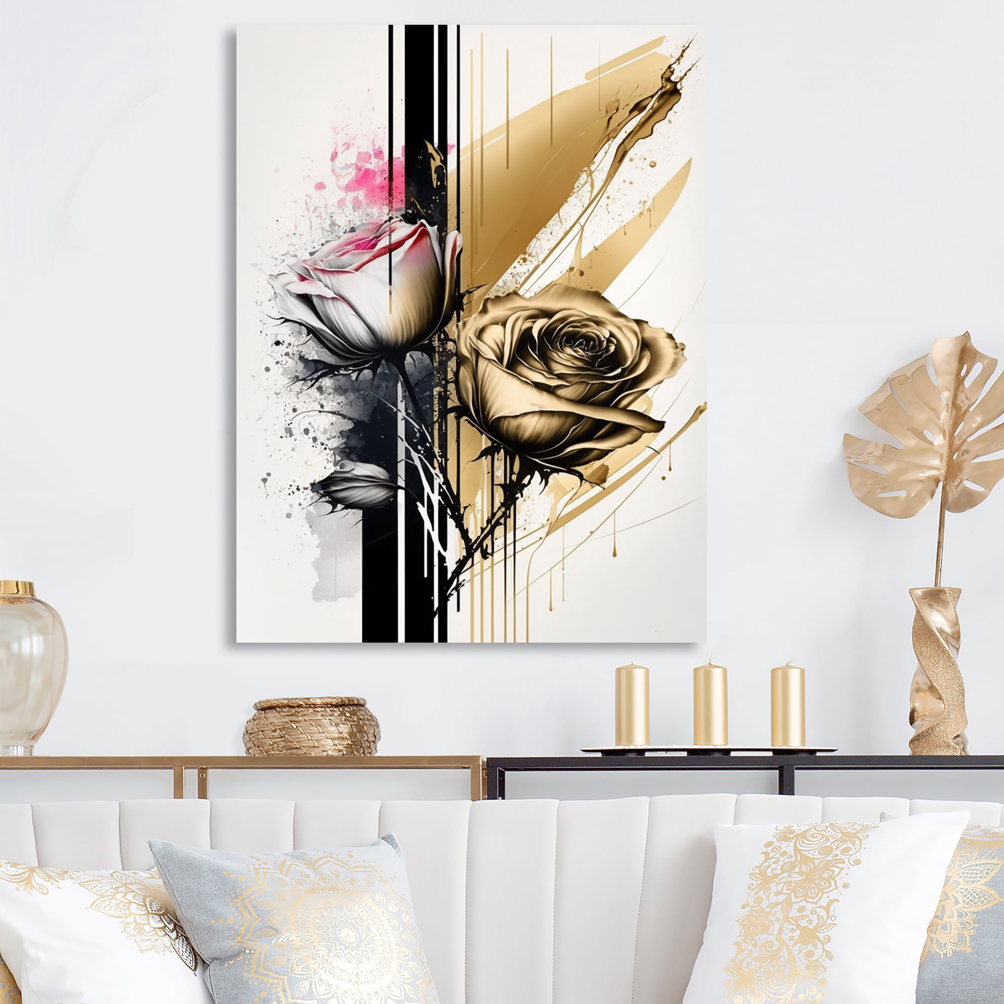 Designart Roses Flow Flower On Golden Beige Paint V Canvas Wall Art