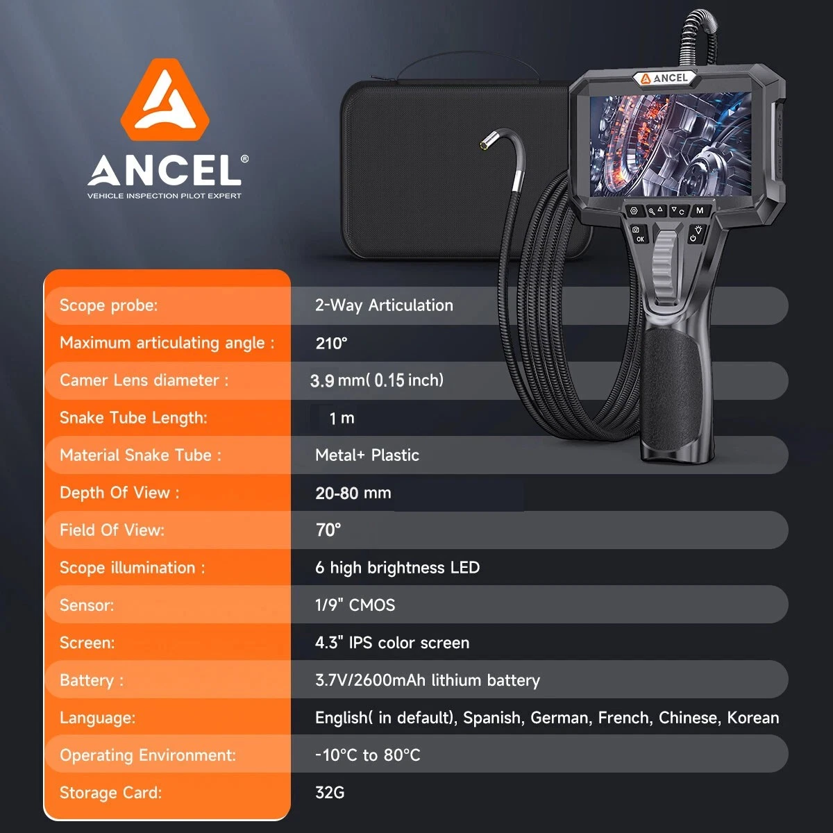 ANCEL AN303 3.9MM Borescope Camera Two-way 210° Articulating Inspection Endscope Camera with 4.3inch Screen