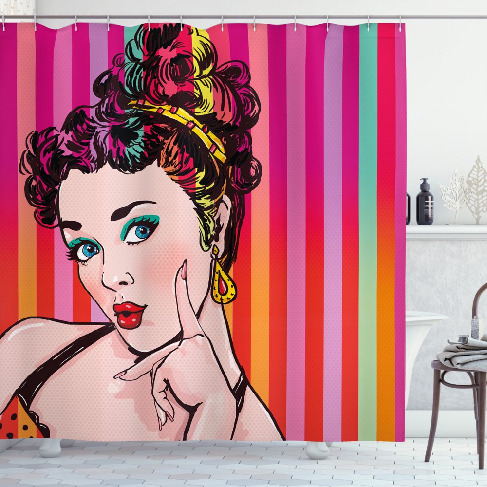 Art Shower Curtain, Blue Eyed Lovely Woman with Striped Background Pop