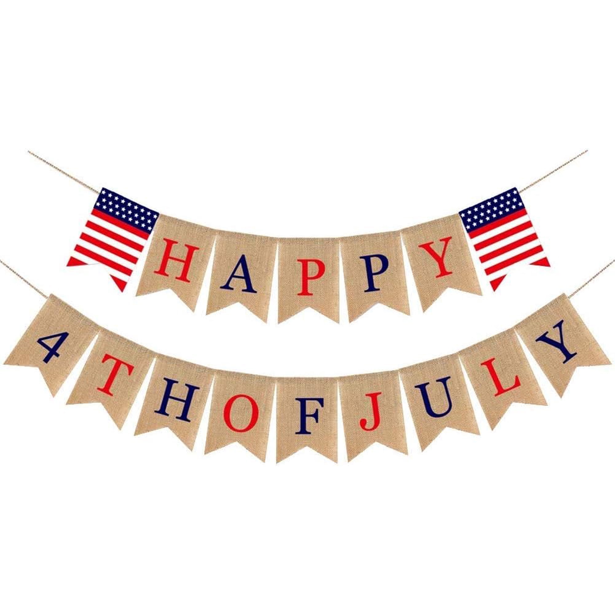 Happy 4th of July Burlap Banner with American Flag Pennants Red Blue Letter Rustic Jute Pennant Garland for Independence Day Patriotic Party Decorations