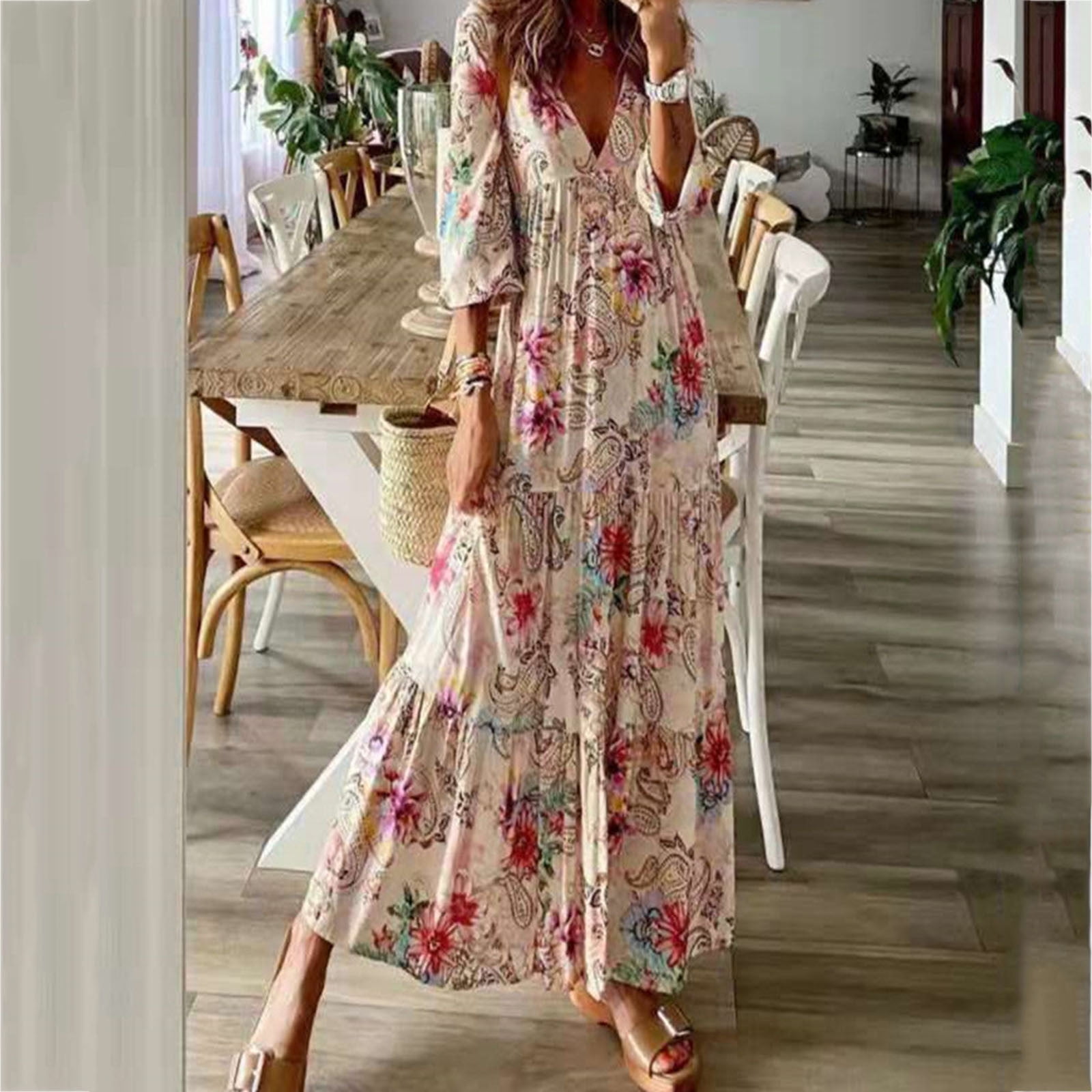 Womens Long Dress,TOTOD Fashion Long Sleeve Floral Boho Print O-Neck Plus Size Ladies Casual Maxi Dresses 