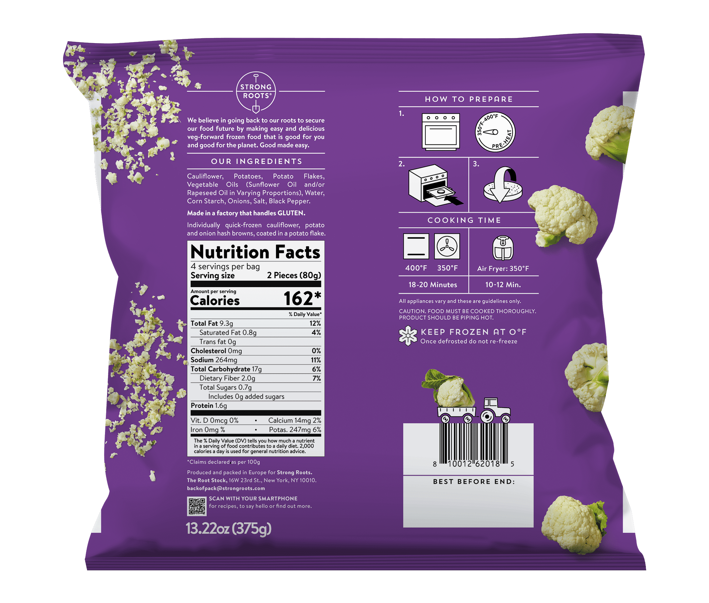 Strong Roots Cauliflower Hash Brown Patties, Vegan and Gluten Free, 13.22 oz (Frozen)
