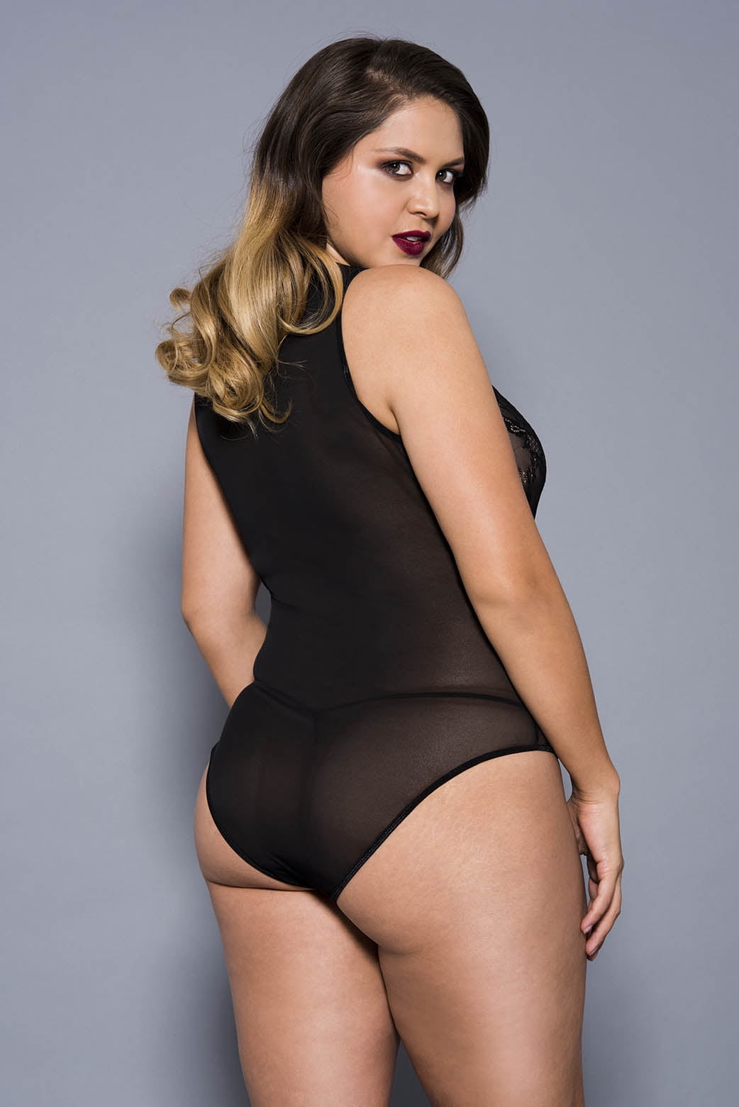 Plus size front keyhole opening lace teddy with sheer back 80052Q-BLACK