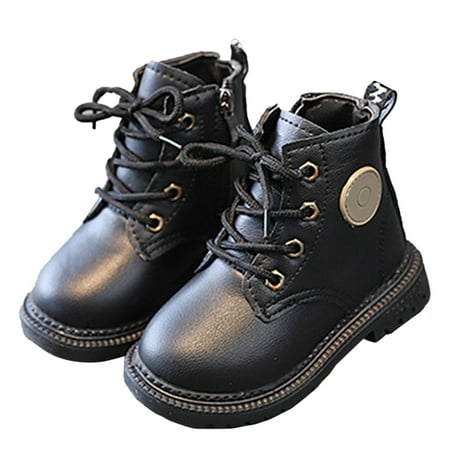 

Unisex Kids Solid Color Lightweight Ankle Boots For Ages 1 3 British Leather Upper girl shoes Black 25