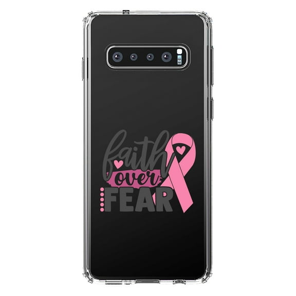 DistinctInk Clear Shockproof Hybrid Case for Samsung Galaxy S10 (6.1" Screen) - TPU Bumper Acrylic Back Tempered Glass Screen Protector - Pink Ribbon Cancer - Faith Over Fear