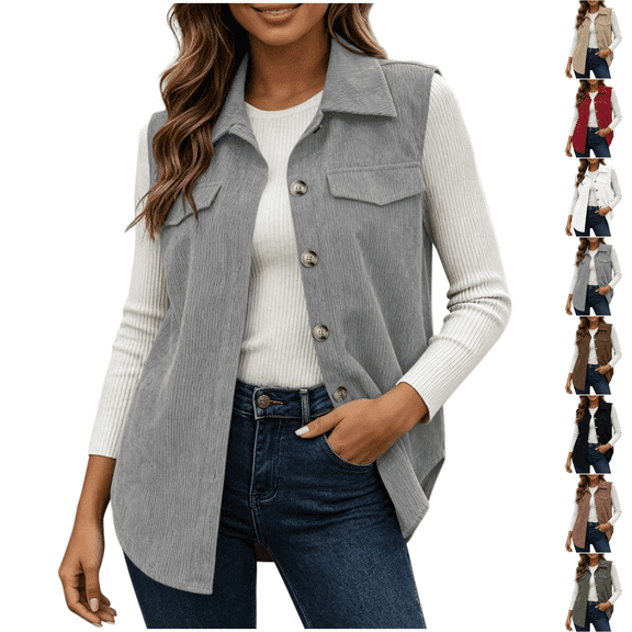 Corduroy Vest Women Fall Winter Sleeveless Button Up Jacket Plus Size Comfortable Layering Wasitcoat Jacket with Pockets