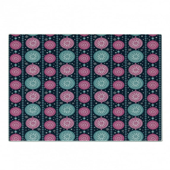 Xmas Cutting Board, Celebration Pattern Vertical Borders Spring Floral Circles, Decorative Tempered Glass Cutting and Serving Board, Small Size, Dark Blue Teal Pink, by Ambesonne