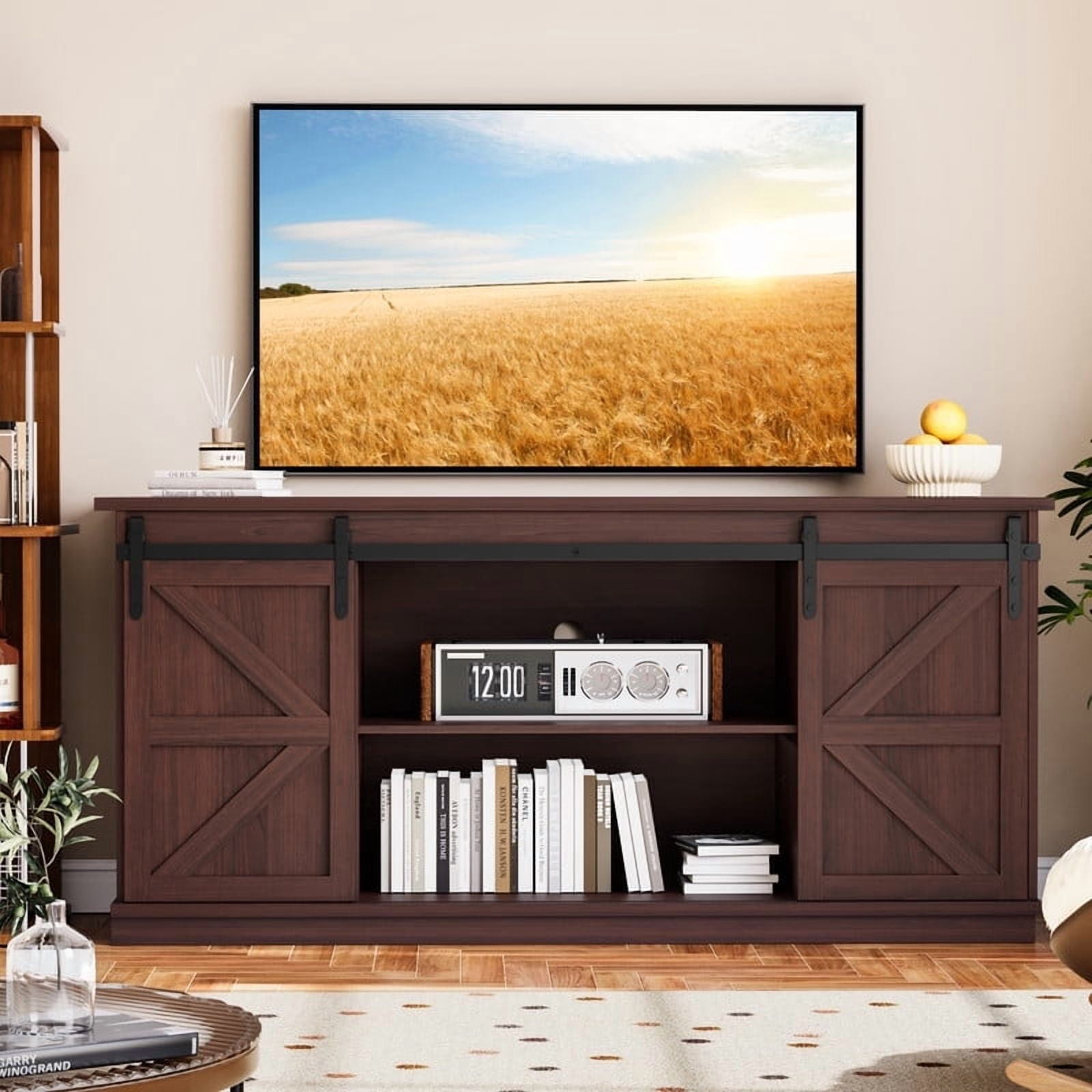 Homall 58'' TV Stand for TVs up to 65'', Storage Cabinet with Sliding Barn Door, Entertainment Center,Espresso