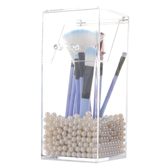 Soporte para brochas de maquillaje Sooyee con tapa y perlas blancas